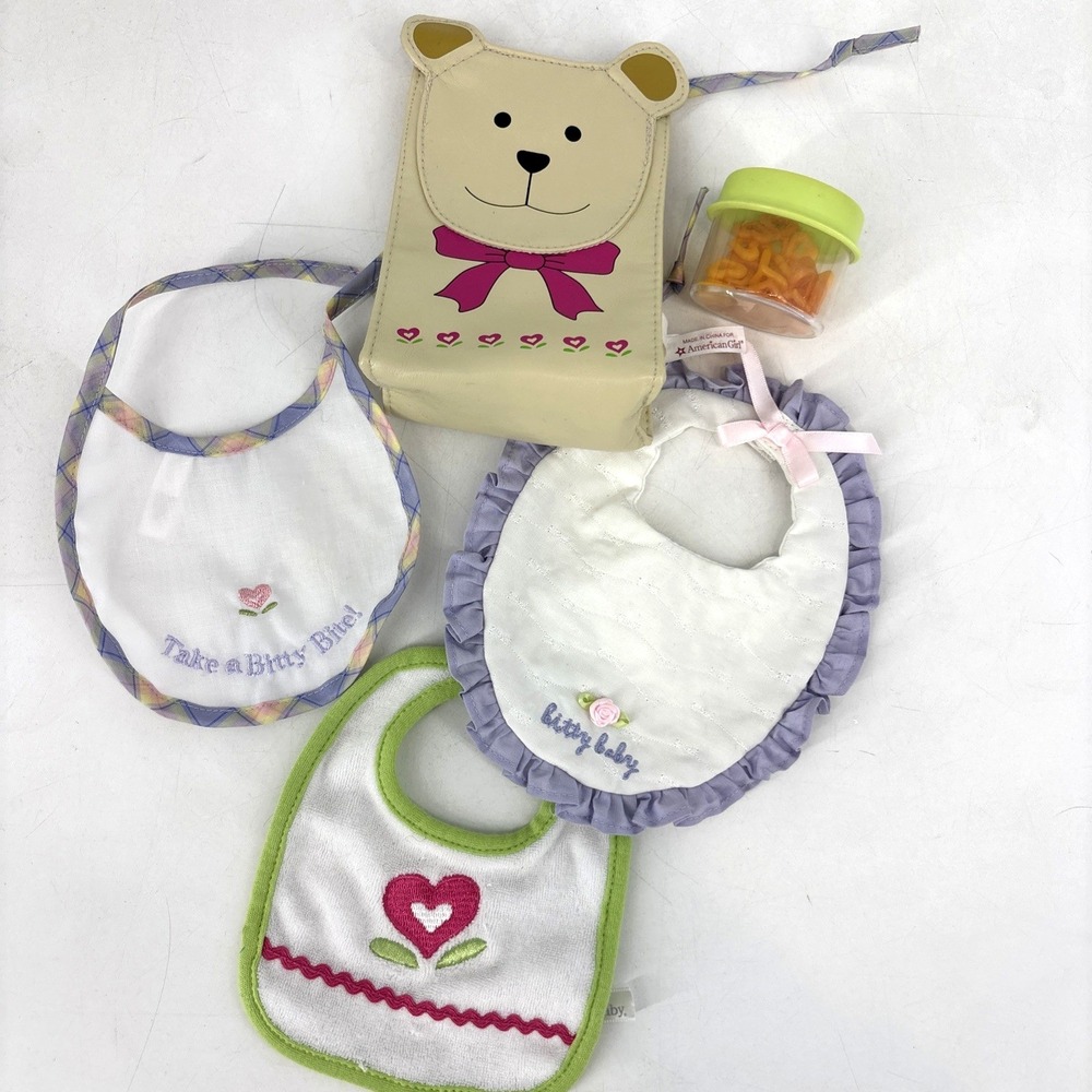 15"‎ American Girl Doll Bitty Baby Feeding Lot Bibs, Food w Container, Lunch Bag